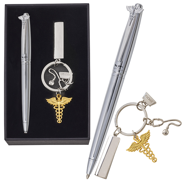 מארז מתנה עט מסדרת היוקרה X-Pen עם סמל הרפואה. 
משולב עם מחזיק מפתחות מתכתי עם סמל הרפואה ובו לוחית מלבנית למיתוג במידות 42x12 מ