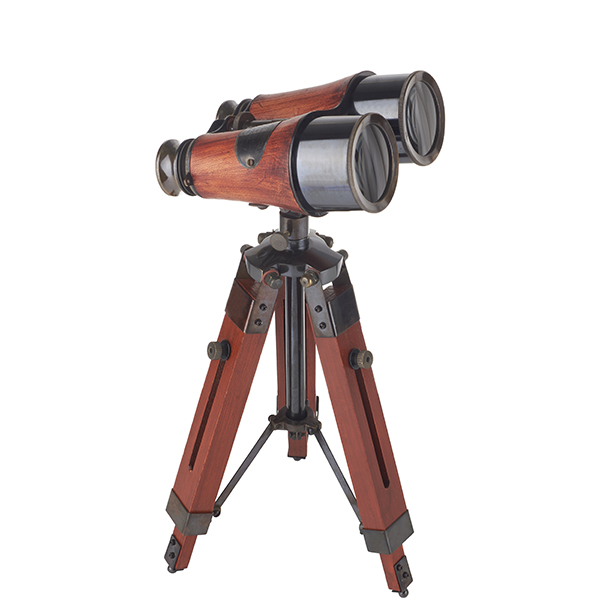 משקפת עץ ונחושת כפולה על חצובת טריפוד עץ בגובה 30 ס"מ. 