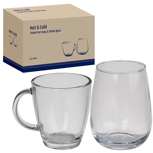 סט (זוג) זכוכית משולב עם ספל לשתייה חמה וכוס לשתייה קרה במארז נייר ממוחזר. 
תכולה: ספל 350 מ