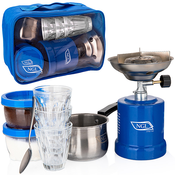 ערכת קפה NGL להכנת תה וקפה בשטח. 
הערכה כוללת:
כירת בישול, 2 קופסאות לתה וקפה, כפית מתכת, פינג