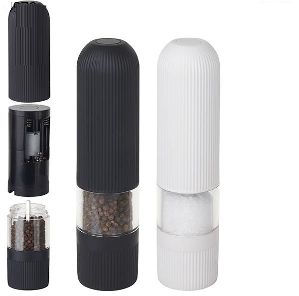 סט מטחנות מלח/פלפל חשמלי. 
לטחינת פלפל גס, מלח גס, עשבי תיבול ותבלינים אחרים.
עמיד וידידותי לסביבה.
מיכל התבלינים עשוי מאקריל שקוף.
קל להפעלה ביד אחת.
גובה: 20.5 ס