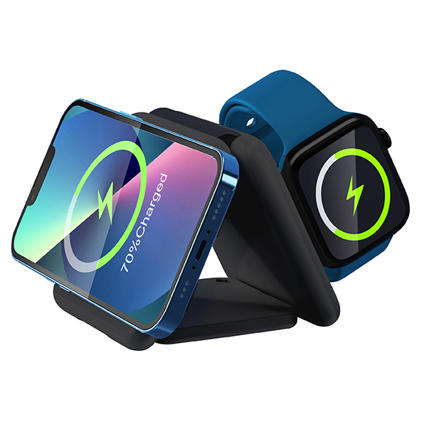 משטח טעינה 3 ב-1. 
מטען אלחוטי QI לסמארטפון (לטלפונים תומכים בטעינה אלחוטית).
טעינה אלחוטית מגנטית.
משטח מתקפל נוח לנשיאה ושימוש.
3 נקודות הטענה.
משטח טעינה ראשי 15W.
משטח טעינה לשעון 2.5W.
משטח טעינה לאוזניות 3W.