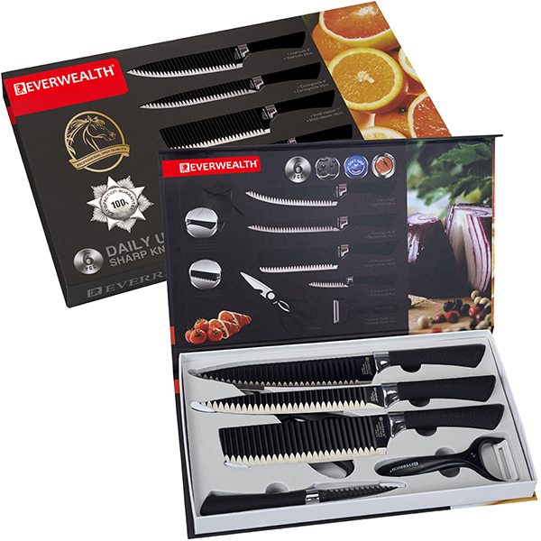 סט שף יוקרתי למטבח 6 חלקים Everwealth . 
כולל: 4 סכינים + קולפן קרמי + מספריים לחיתוך מזון.
ידית האחיזה של הסכין נוחה להפליא, נגד החלקה.
מאפשרות עבודה פרקטית בטוחה ופשוטה בעת חיתוך.
מידות: סכין שף - 20 ס