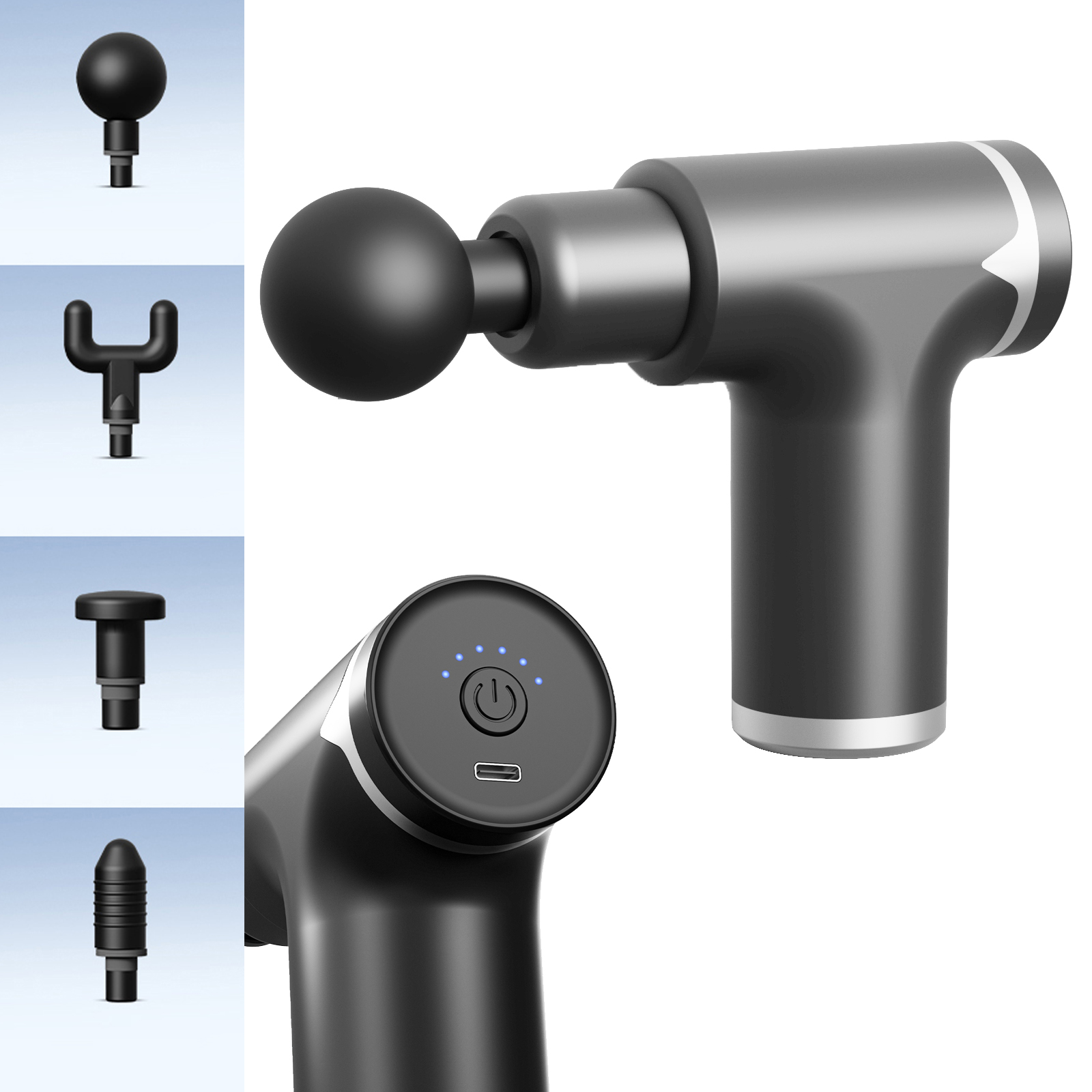 מכשיר אקדח עיסוי מקצועי עם 4 ראשים מתחלפים, 6 מהירויות חיבור וטעינת USB. 
אקדח עיסוי מקצועי לעיסוי שרירים עמוק ומפנק, מאפשר לטפל בשרירים בעיצומו של אימון, מגביר את זרימת הדם ואת שרירים עמוק ומפנק.
מפרט טכני:
ידית ארגונומית רכה ונוחה.
6 רמות מהירות, 4 ראשי עיסוי, עוצמת מנוע 24W.
סוללת ליתיום נטענת ע