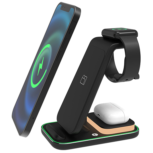 מטען אלחוטי מהיר 15W משולב עם תאורה 3 ב-1 לנייד + שעון חכם + אוזניות. 
מפרט טכני:
תחנת טעינה אלחוטית 3 ב-1 עד 15W. בקרת מגע להפעלת תאורת לילה.
טלפון חכם: תומך בכל המכשירים Android & iOS התומכים בפונקציית טעינה אלחוטית עד 15W.
אוזניות: תומכות בכל המכשירים iOS התומכים בפונקציית טעינה אלחוטית 5W.
שעון חכם: תומך בכל המכשירים iOS התומכים בפונקציית טעינה אלחוטית 2W.
יעילות הטענה: 70% - 75% נטען באמצעות חיבור כבל Type-C.