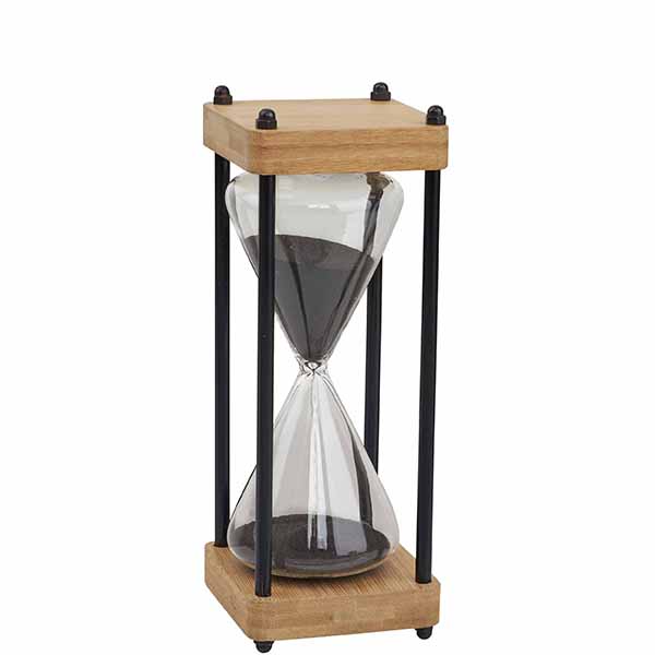 שעון חול זכוכית עץ ונחושת 20 ס