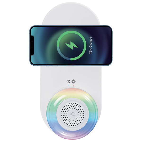 מטען אלחוטי מהיר 15W משולב עם רמקול Bluetooth ומנורת לילה נשלפת. 
מידות: 210x95x78.5 מ