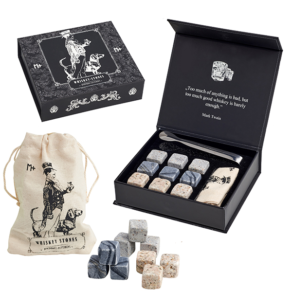 מארז מתנה וויסקי הכולל 9 אבני קרח מלקחיים ושקית. 