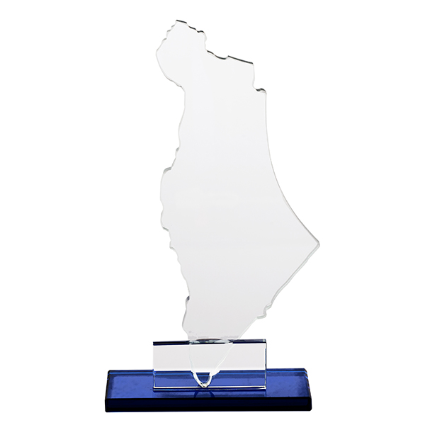 מגן הוקרה מפת ארץ ישראל מזכוכית קריסטל בסיס מובנה מלבני. 
גובה כולל 19.5 ס”מ.
מידות מגן: 12x24 ס