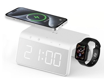 מטען אלחוטי מהיר 15W לנייד עם עמדת טעינה לשעון חכם, שעון בחזית עם ספרות לבנות, לאנדרויד+ IOS. 
מידות: 145x116x75 מ
