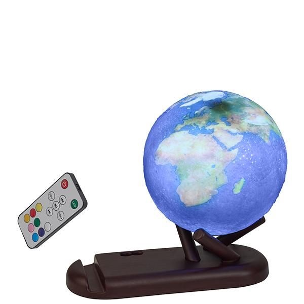 מעמד שולחני משולב עם גלובוס מואר ורמקול Bluetooth. 