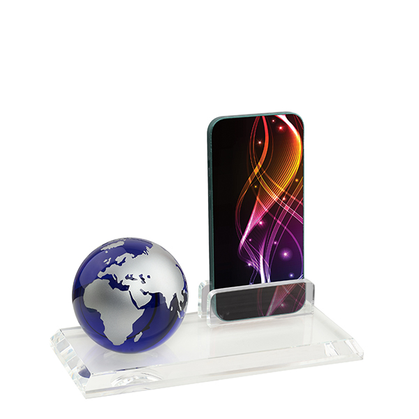 מעמד קריסטל גלובוס עם מעמד לכרטיסי ביקור/טלפון נייד. 
גובה כולל: 9 ס