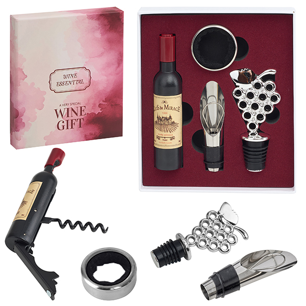 מארז מתנה 4 אביזרים ליין. 
המארז כולל:
פותחן/חולץ פקקים.
פיית מזיגה/משפך.
פקק.
טבעת למניעת טפטופים.