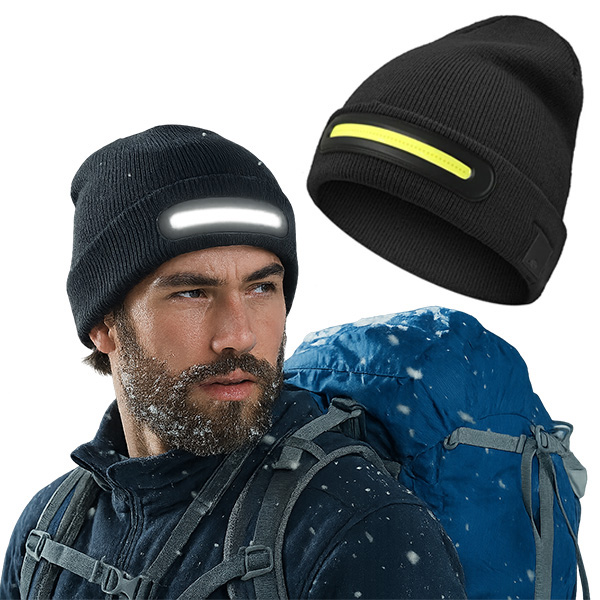 כובע צמר עם פס תאורה 3+1 COB WATT פנס לד עוצמתי נטען. 