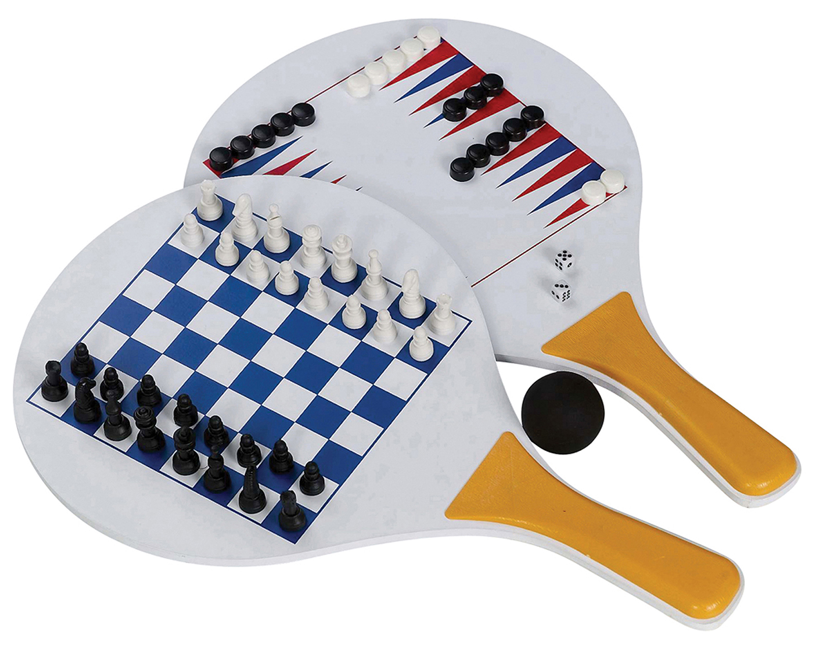 סט משחקים לחוף מטקות עם ששבש ושחמט. 
הערכה כוללת:
זוג מטקות.
כדור גומי.
סט שש בש/דמקה/שח מט.
זוג קוביות.
תיק מרשת עם ידית.