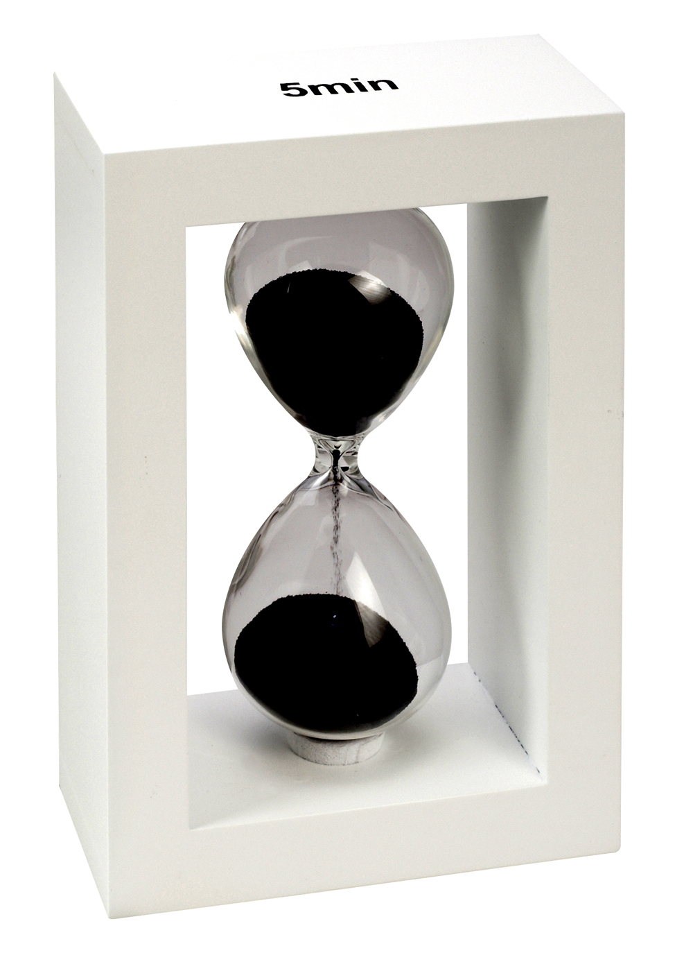 שעון חול מסגרת עץ. 
מסגרת לבנה, חול שחור.
5 דקות.
גובה 15 ס