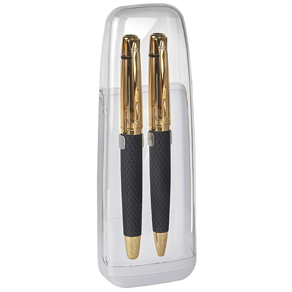 קופסה שקופה לזוג עטים עם שרוול נייר לבן, תוצרת גרמניה.