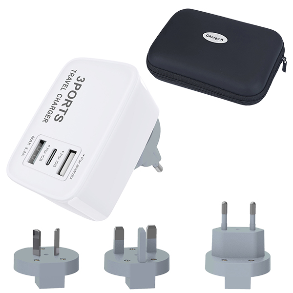 מתאם שקע חשמל עולמי אוניברסלי 5 חלקים ושלוש שקעי USB. 
המטען הבינלאומי היחיד עם אישור מכון התקנים הישראלי.
מתאים לכל המדינות (AU US UK EU).