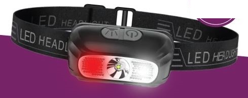 פנס ראש. תאורה בצבע אדום ולבן.
מאיר למרחק של עד 50 מטר. 
סוללה נטענת. 
כולל כבל טעינה USB. 
מעל 3 שעות זמן עבודה.  