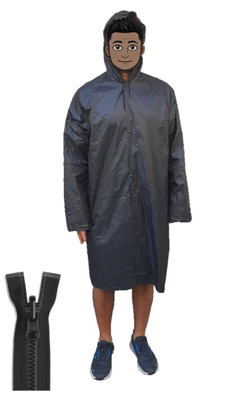 מעיל גשם רוכסן + כובע.
עשוי c.v.p אטום וחזק.
סגירה עם כפתורים ורוכסן.
עם שני כיסים בצדדים וגומי בשרוולים.
רוכסן איכותי.
נשמר לאורך זמן.
מידות: L-XL. 
מתאים לגובה 1.75 ומעלה.
