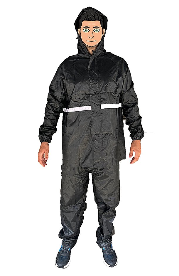 חליפת גשם מידה: L-XL. 
עשויה p.v.c אטום וחזק.
עם כיסים וגומי בשרוולים.
גומי בידיים למניעת כניסה של מים והתאמת החליפה לכל מידת יד ורגל.
כולל כובע עם שרוכים.
החליפה מחולקת לחולצה עם כפתורים וריצ