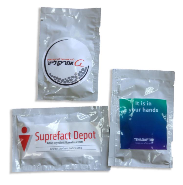 מגבונים אישיים (מגבון מסעדות).
מארז 3 שכבות עם שכבת אלומיניום – תוקף שנתיים. 
גודל מדבקה 6x5 ס