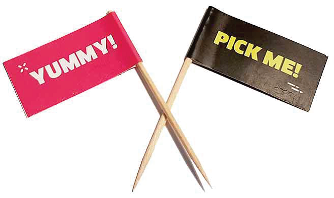 דגלוני קיסם ממותגים - משמשים לאירועים, להגשת מזון ומיתוג אירועים. 
גודל הדגלון 4x2 ס