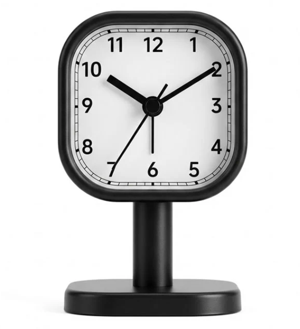 שעון בעיצוב רטרו 12x7 ס"מ, עובי: 4 ס"מ. 
עומד על רגל. 
אפשרות לכיוון שעון מעורר.
עשוי מתכת.