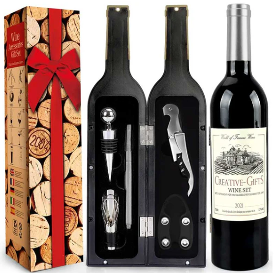 סט אביזרי יין בתוך בקבוק. 
סט  חלקים מרהיב ומיוחד.
כולל סכין גילוף, פותחן, משפך ופקק אטימה.