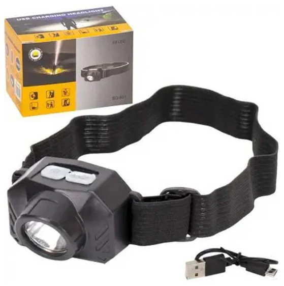 פנס ראש איכותי נטען. 
רצועת גומי ניתן לכיוון.
3 מצבי תאורה: אור חזק/אור חלש/אור מהבהב (SOS).
מוגן מים.
מופעל באמצעות סוללה נטענת. 