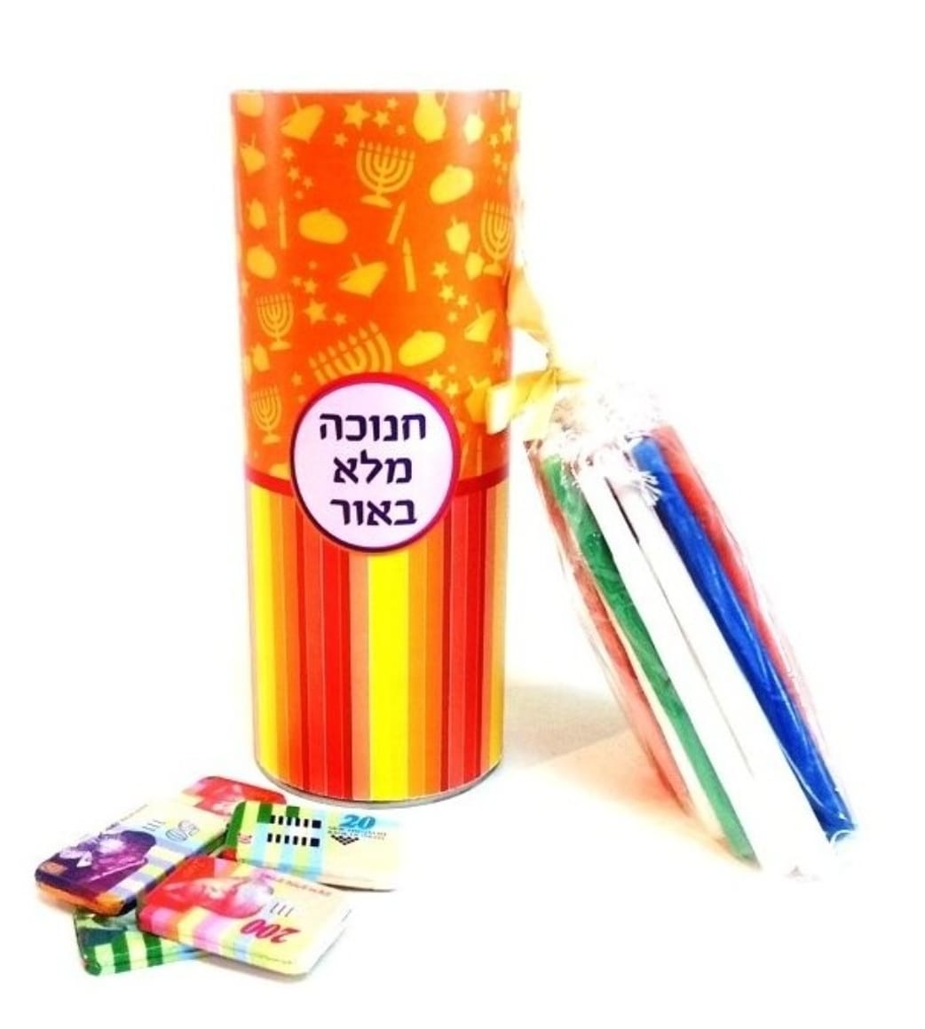 קופסת פח גליל עם 44 נרות חנוכה כולל מכסה פלסטיק לסגירה לשימוש חוזר.

