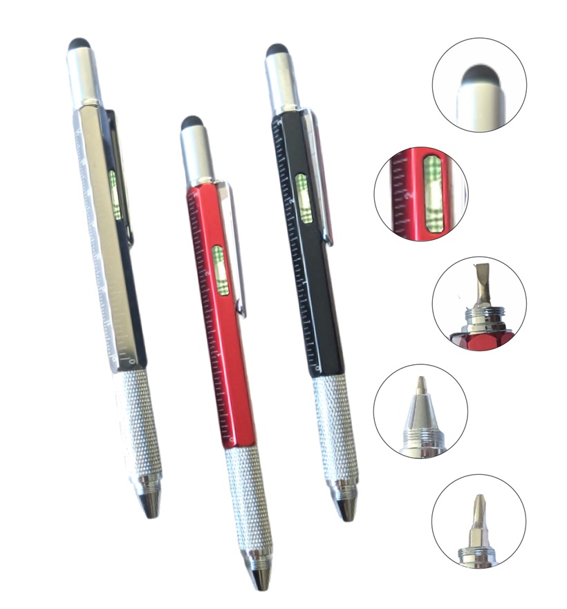 עט מתכת רב שימושית 6 פונקציות.
עט כדורי בפתיחה בסיבוב. 
פלס מים.
סרגל ס