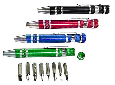 עט מברג בעל תופסן. 
מכיל 8 ביטים במגוון צורות וגדלים. 
מוצר איכותי ומיוחד. 
