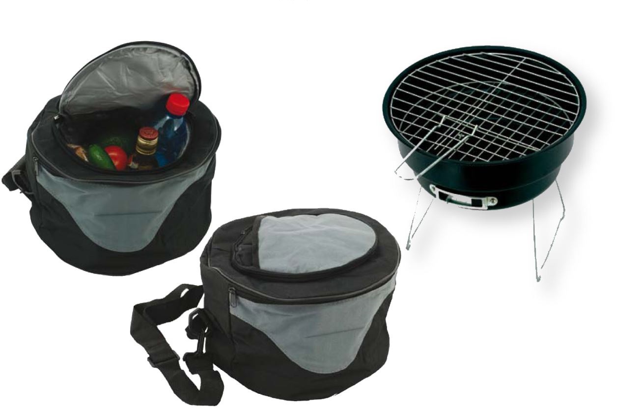 מנגל מתקפל בתיק צידנית עם ידית נשיאה.

