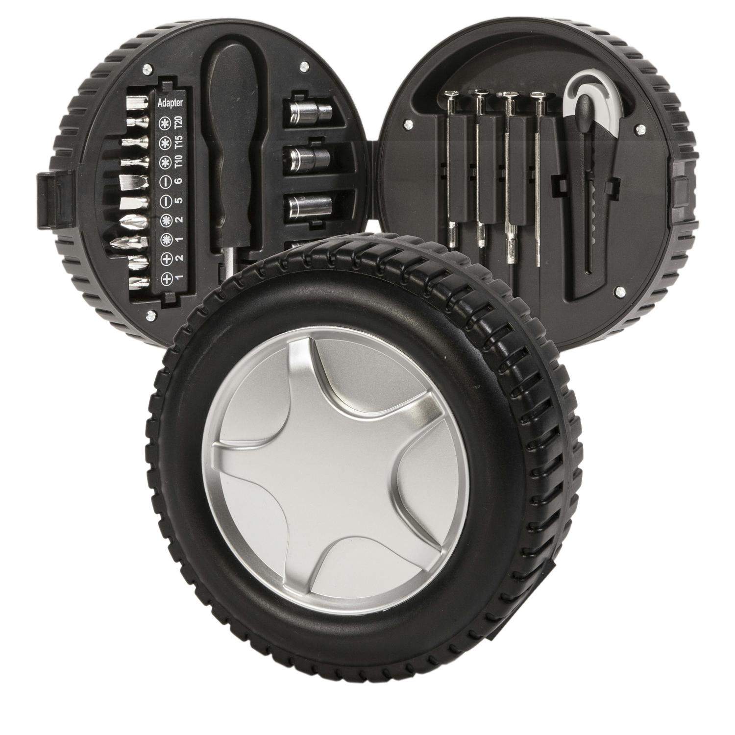 סט כלי עבודה. עיצוב מדליק בצורה צמיג.
מגוון כלי עבודה שימושיים.
חובה בכל רכב / בית.