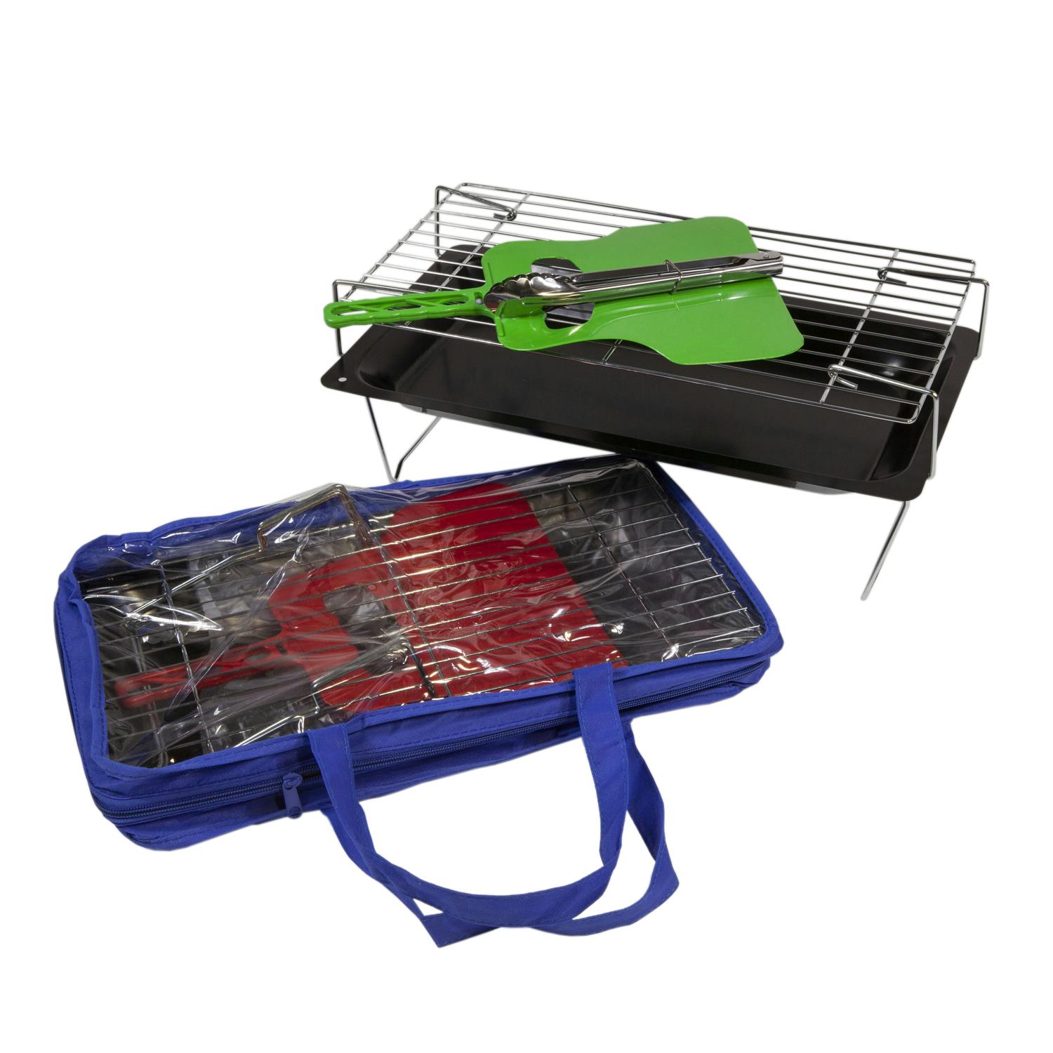 מנגל מתקפל עם נפנף ומלקחיים ותיק נשיאה.
מידות: 45x25x8 ס”מ.