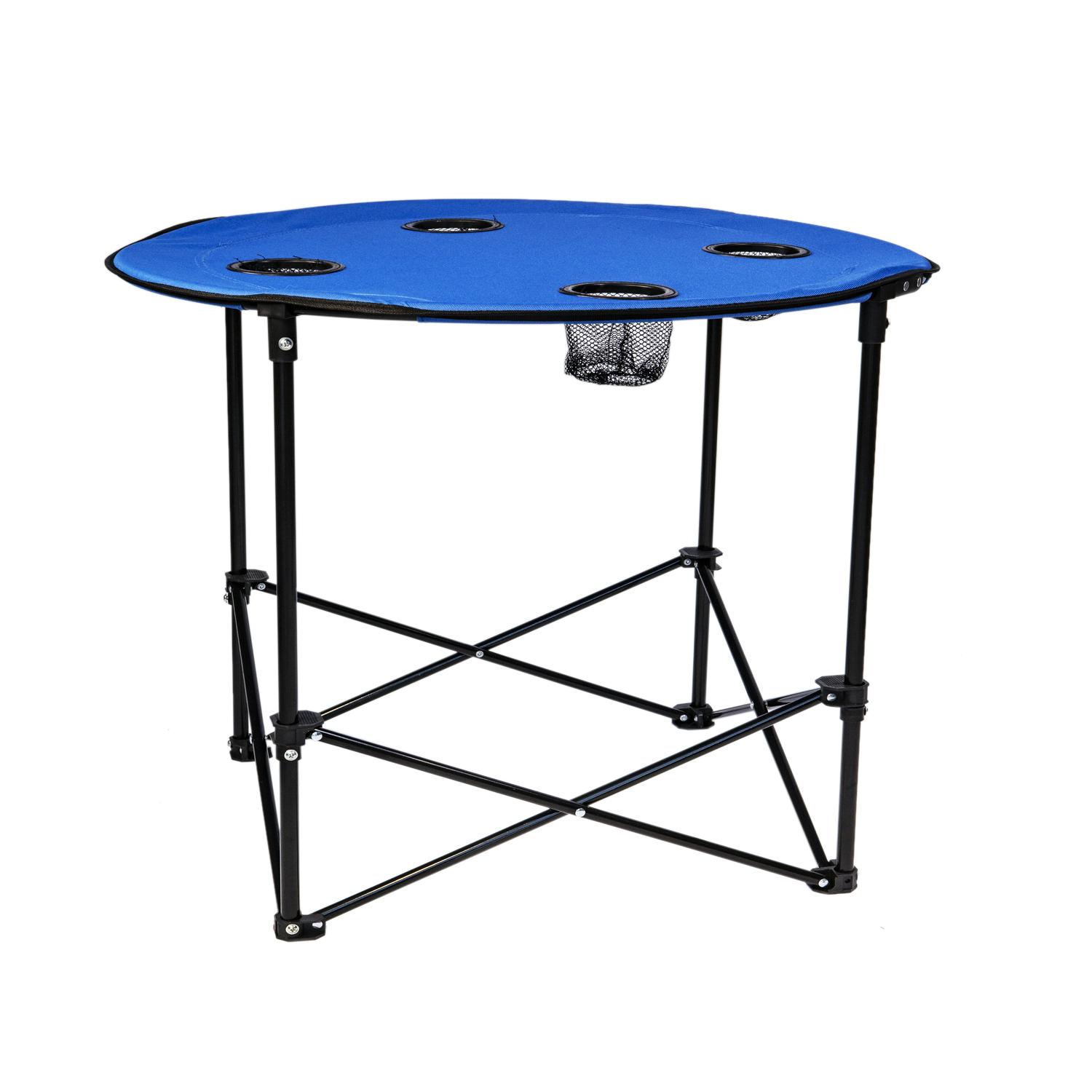 שולחן קמפינג מתקפל עם 4 מקומות לכוסות ובקבוקים.
קוטר: 70 ס”מ.
