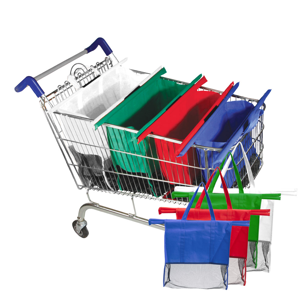 שופינג - סט 4 סלי קניות רב שימושיים: 
תיק גדול - 29x56x51 ס”מ, 
תיק בינוני - 25x56x48 ס”מ, 
תיק בינוני - 21x46x45 ס”מ, 
תיק אישי - 18x40x41 ס”מ. 
הסלים נתפשים בקלות על עגלת הקניות, מחוברים באמצעות סקוץ