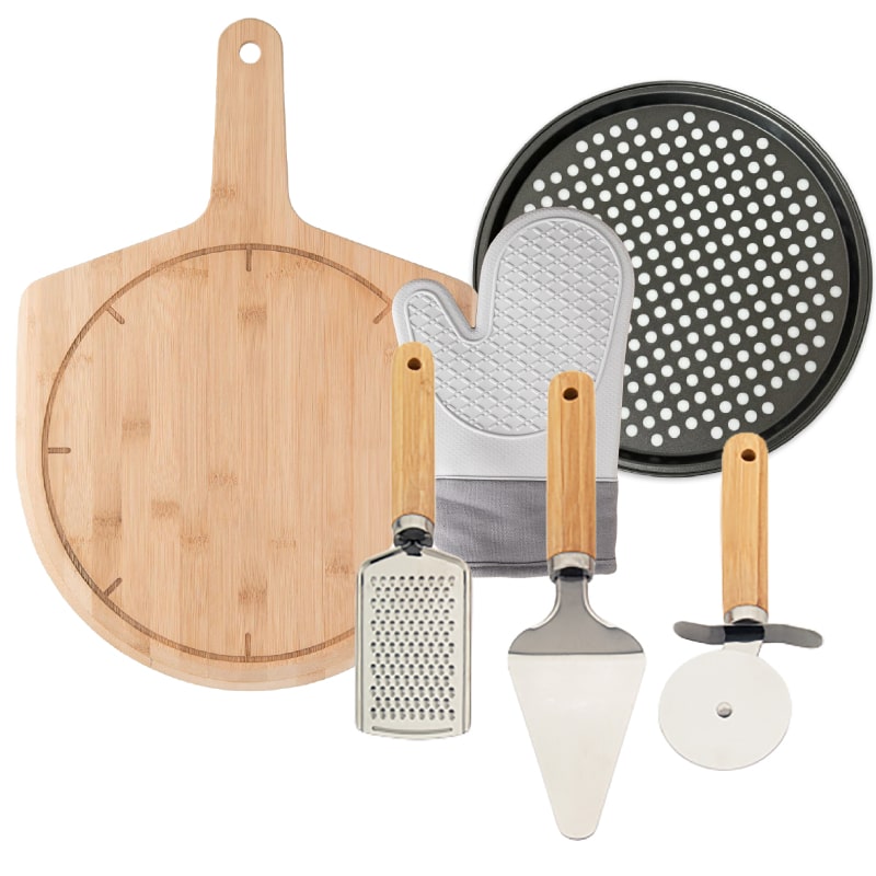 פיצה - סט פיצה מושלם הכולל 6 חלקים: 
לוח עץ להגשה עשוי במבו, קוטר 33 ס