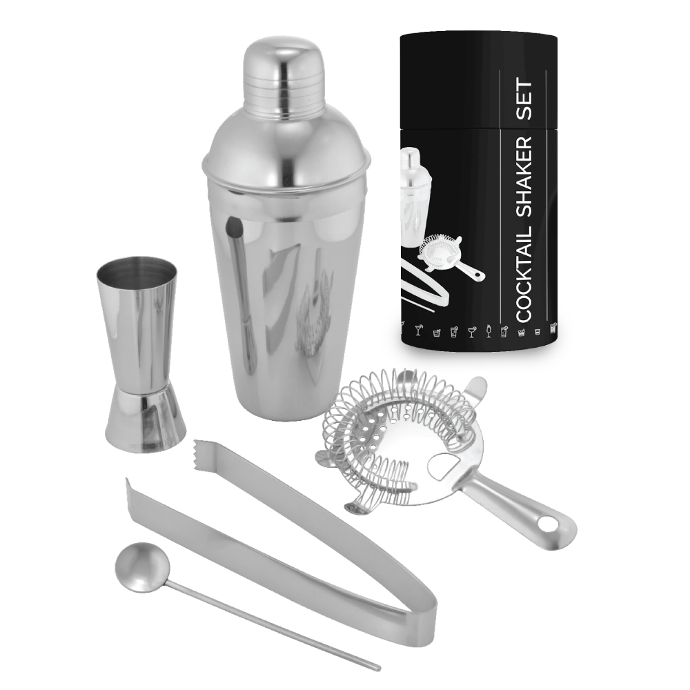קוקטייל - סט קוקטייל מעוצב 5 חלקים עשוי נירוסטה הכולל: שייקר עם מסננת מובנית, ג