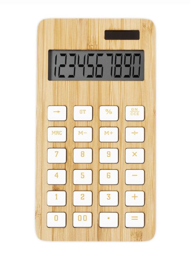 קוספי - מחשבון שולחני גדול 16.9x1.2x9.6 ס"מ, עשוי במבו, 10 ספרות. 
בעיצוב טבעי ונקי.
מבוסס אנרגיה סולארית.
מסך LCD גדול, לחצנים נוחים.