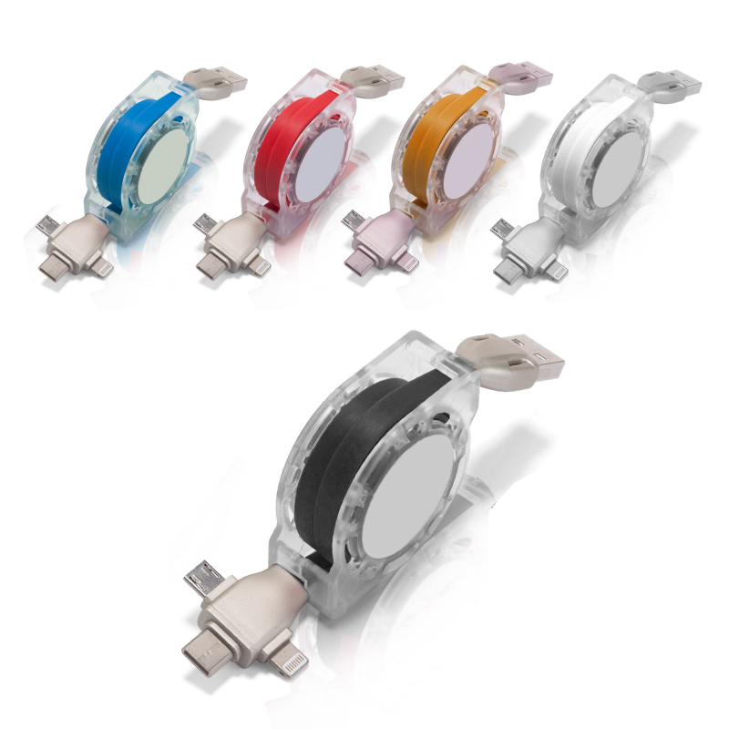 כבל טעינה איכותי במיוחד. כניסת USB בצידו האחד ובצד השני שלוש כניסות למכשירים שונים: אייפון.אנדרואיד 
ו TYPE-C.
אפשרות בהעברת נתונים.
נפתח לאורך כבל 95 ס