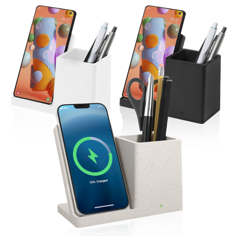 אמפר - מעמד שולחני משולב עם משטח הטענה 15W FAST CHARGE אלחוטי בטכנולוגיית QI. 
וכוס לעטים ומכשירי כתיבה. 