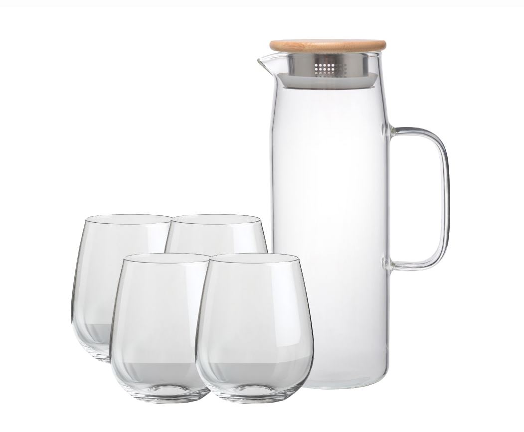 לימונדה - סט מעוצב לשתייה קלה הכולל קנקן זכוכית יוקרתי 1.5 ליטר (מיועד לשתייה קלה מתחת ל-60 מעלות) עם מכסה עשוי במבו טבעי ומסננת נירוסטה איכותית,  בשילוב 4 כוסות זכוכית מעוצבות, 330 מ"ל.