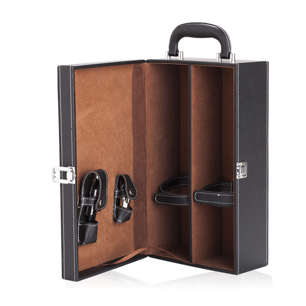 ברולו - מארז דמוי עור מעוצב לזוג יינות עם מגוון אביזרי יין וידית נשיאה קשיחה.
35x19 ס