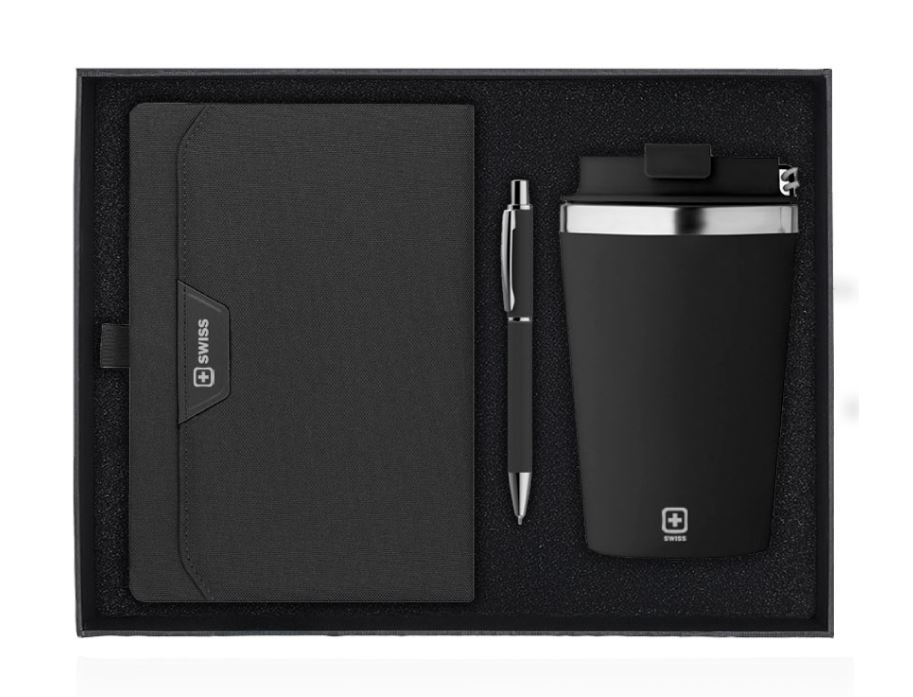 לאוסן - סט מתנה מושלם מבית SWISS הכולל מחברת A5 מהודרת עשויה דמוי עור, עם פתיחה כפולה,
ספל תרמי איכותי שומר חום או קור למשך זמן ממושך ועט מתכת. 