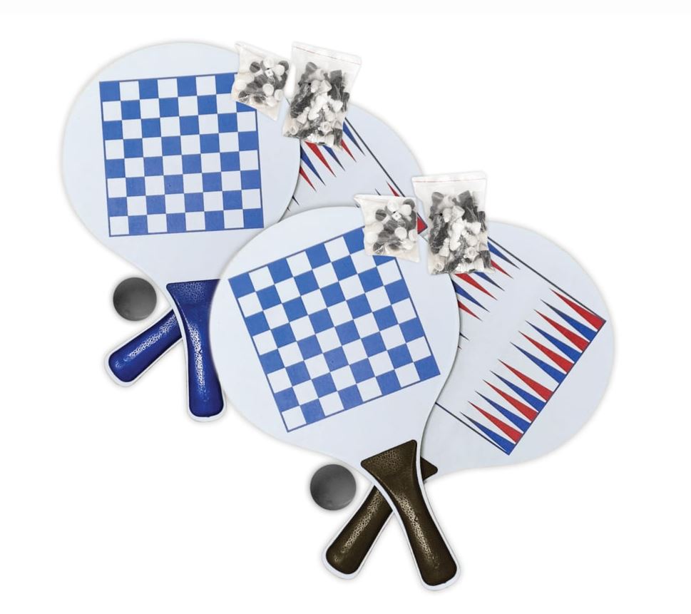 סקווש - זוג מטקות עם משחק שש-בש ושחמט. 
קוטר 23.5 ס