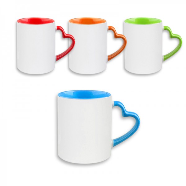 מוקה - ספל קרמיקה המתאים להדפסת סובלימציה עם ידית צבעונית בצורת לב. 
330 מ