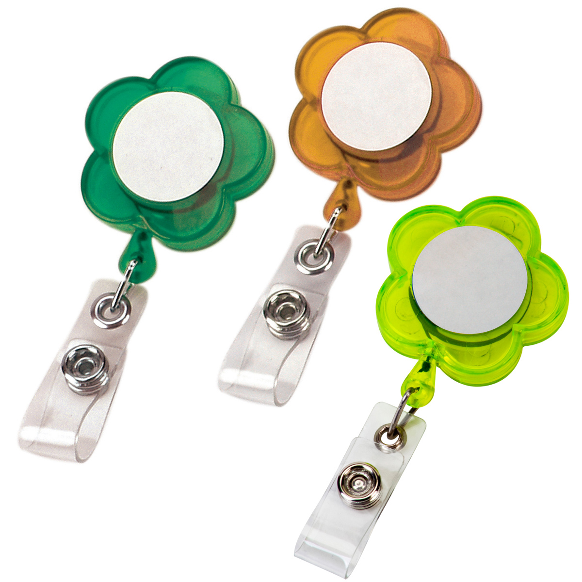 פרח - מחזיק לתג עובד בצורת פרח, עם חוט משיכה קפיצי.
תופסן מתכת. 
