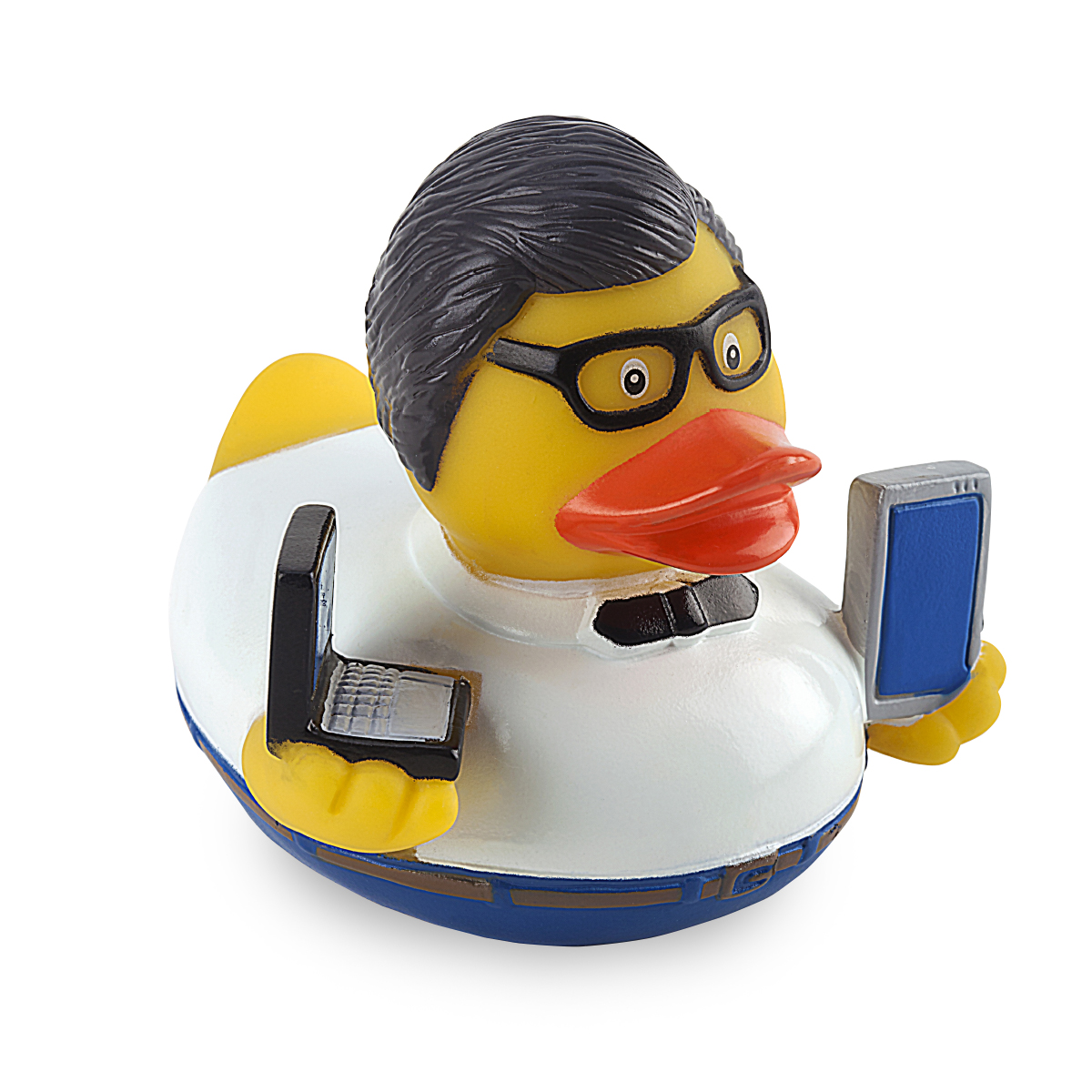 ברווז הייטק - ברווז מעוצב בדמות טכנולוג.
עשוי PVC.
לקד